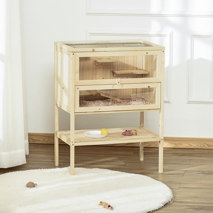Cage hamster en bois sur pieds - étagère, plateformes, rampe - toit ouvrant, trappe nourrissage