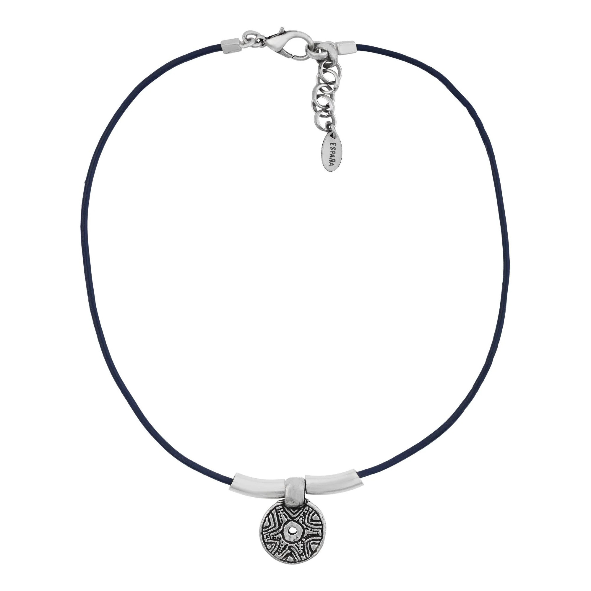 Gargantilla cuero azul plata chapado étnico 40cm