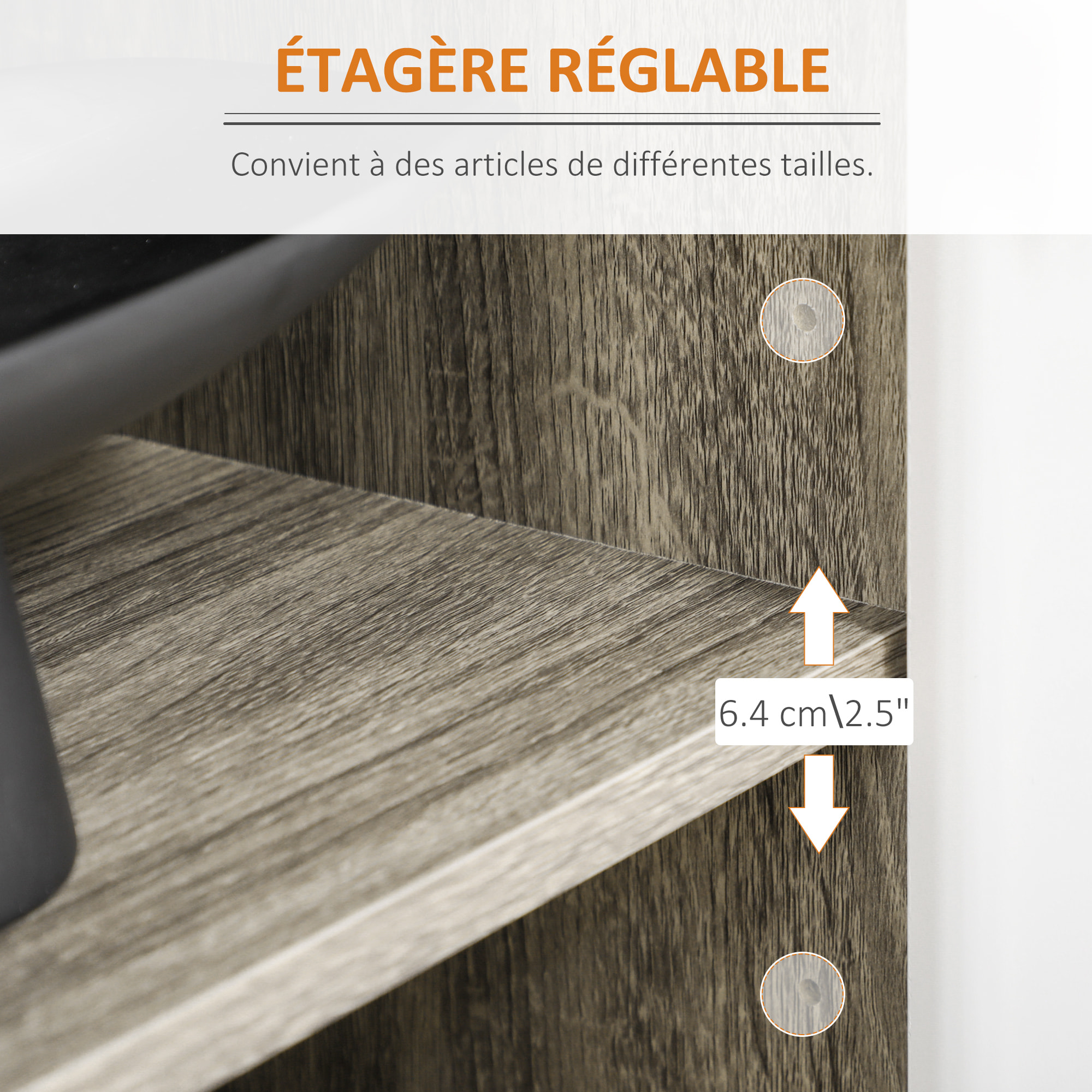 Buffet design scandinave 4 portes 2 étagères piètement bois de pin panneaux portes motif chevrons blanc aspect bois gris