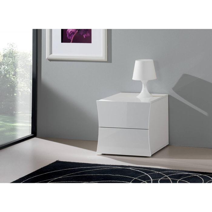 Comodino moderno a 2 cassetti, Made in Italy, Tavolino da notte, Mobiletto per camera da letto, cm 50x40h41, colore Bianco lucido