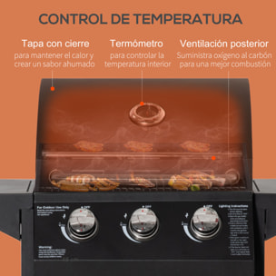 Barbacoa de Gas con 3 Quemadores 8,7 KW Termómetro 2 Parrillas de Gas con 2 Mesas Laterales Armario de 2 Puertas 4 Ruedas y Frenos Acero al Carbono para BBQ 121x55x109 cm Negro