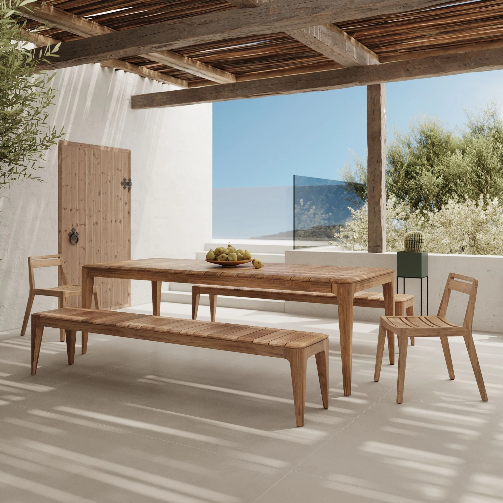 Table, bancs et chaises de jardin en bois de teck recyclé 10 personnes - Nonza