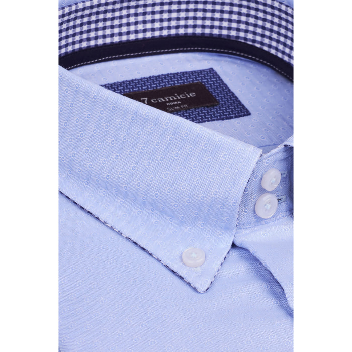 Camicia Uomo 2 Bottoni Button Down Slim Jacquard Fantasia Celeste/Celeste