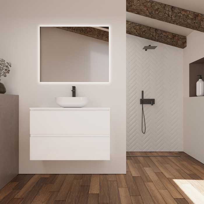 Conjunto de Baño Kaji | Mueble de Baño Suspendido | 100 cm Blanco| Dos Cajones | Lavabo Ovalado sobre Encimera | No incluye Espejo | Alday