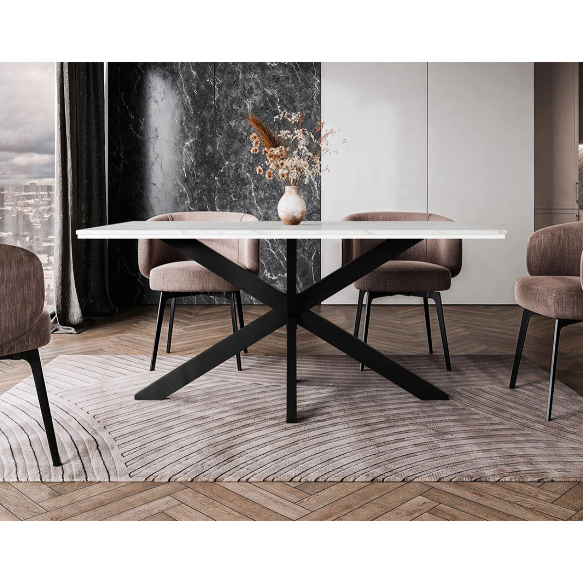 Tom - table à manger - plateau effet marbre - pieds en métal - 4 à 6 personnes - Blanc / Noir