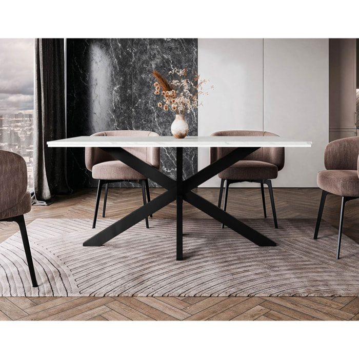 Tom - table à manger - plateau effet marbre - pieds en métal - 4 à 6 personnes - Blanc / Noir