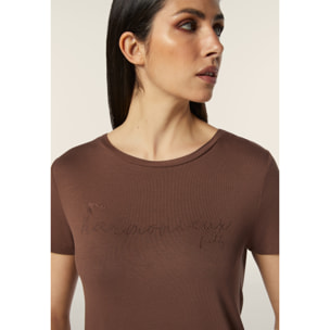 T-shirt donna in jersey viscosa scritta composta da borchie