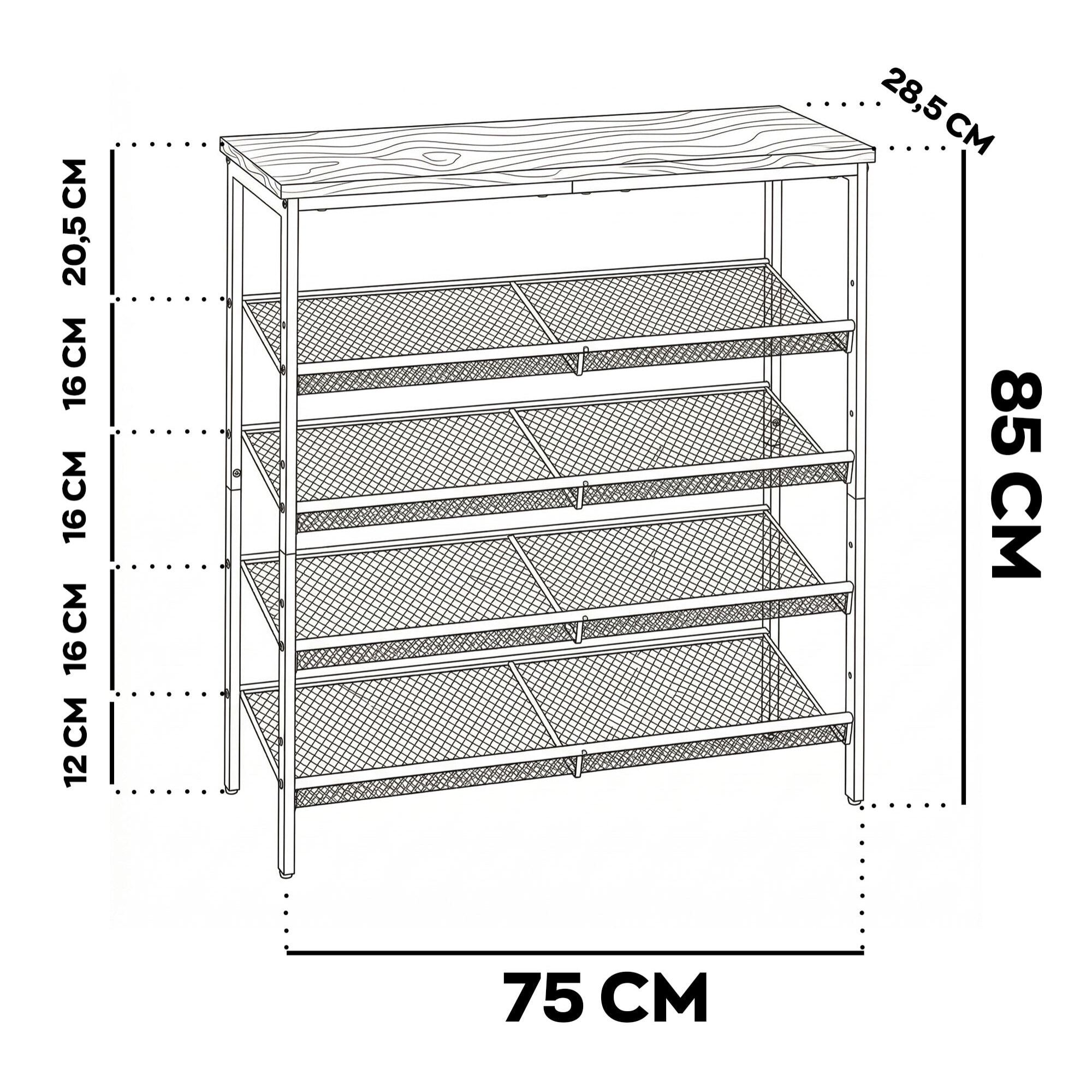 Zen - Scarpiera 4 ripiani 75x85x28,5 cm 12 paia Stile Industriale in Metallo e Legno