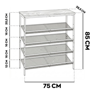 Zen - Scarpiera 4 ripiani 75x85x28,5 cm 12 paia Stile Industriale in Metallo e Legno