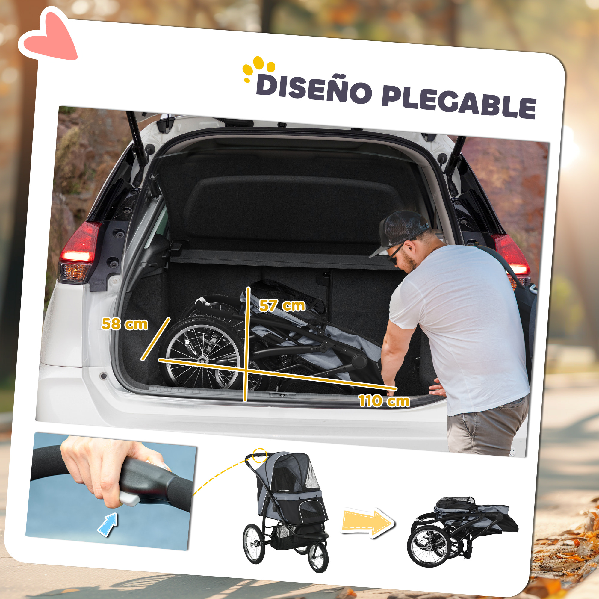 PawHut Carrito para Perros Plegable Cochecito para Mascotas Carrito para Perros Medianos Pequeños con Cesta de Almacenaje Capota Ajustable Ventana de Malla y 3 Ruedas Grandes 111x58x107 cm Gris