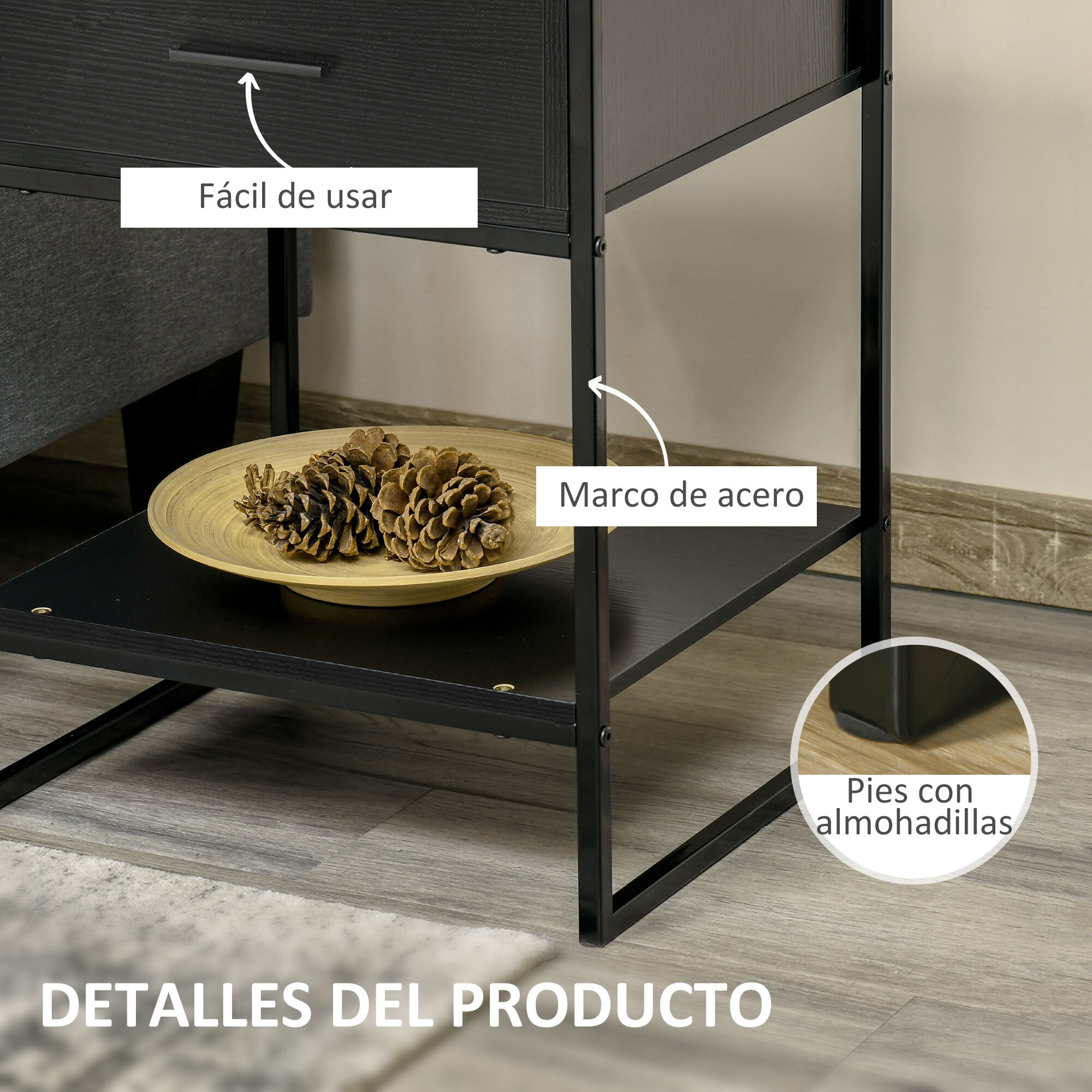 Mesita de Noche Mesa Auxiliar con Cajón y Estante de Almacenamiento para Dormitorio Salón Cama Oficina Estilo Moderno 45x40x60 cm Negro