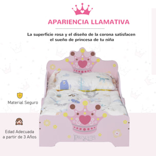 Cama para Niños de +3 Años 143x73x60 cm Cama Infantil de Madera con Estampado de Corona Carga 50 kg para Dormitorio Rosa