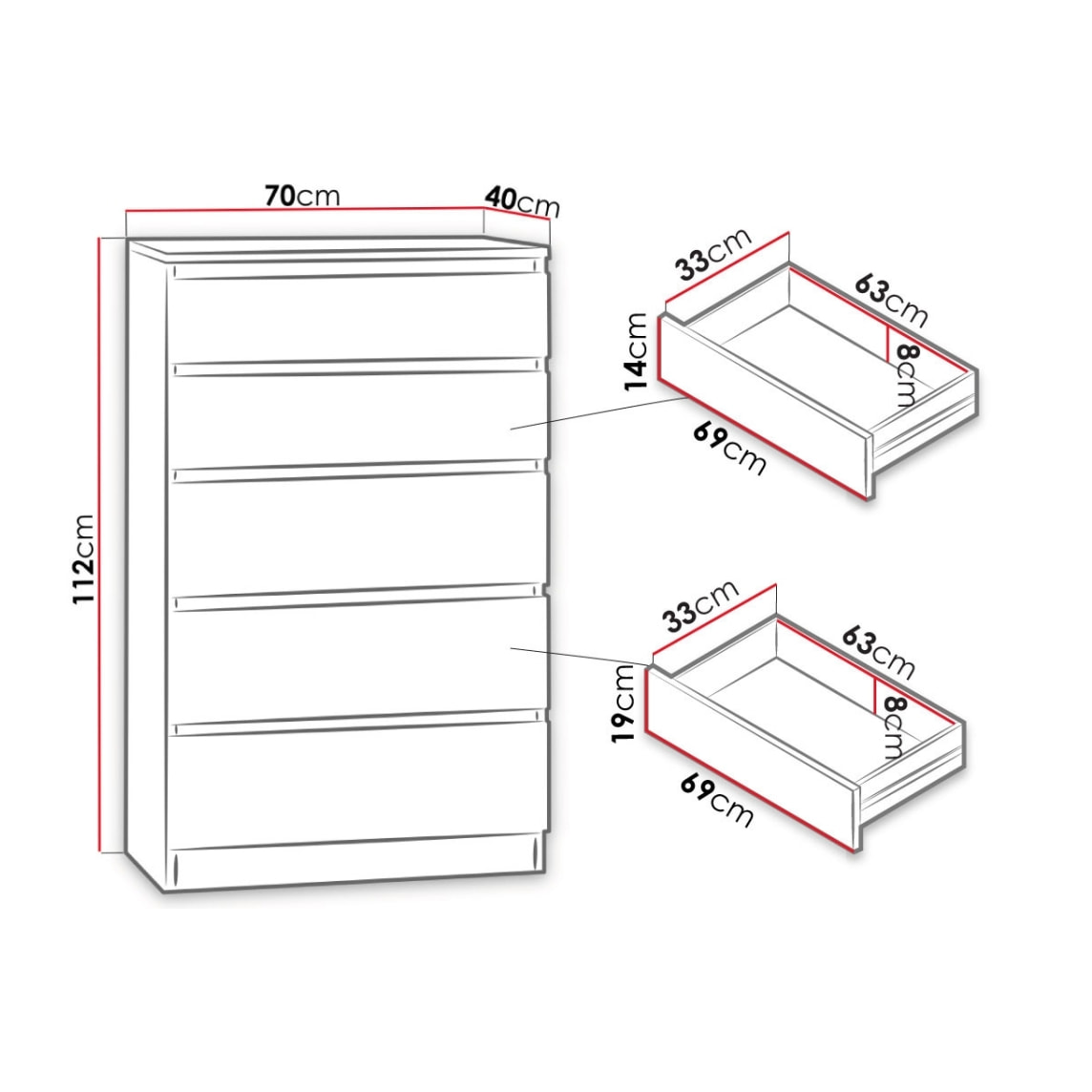 Celia - commode 5 tiroirs - effet bois - 70 cm - style contemporain - Bois