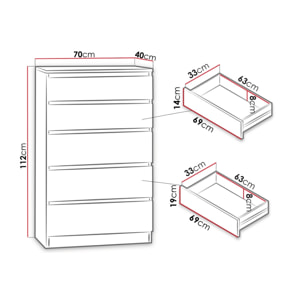 Celia - commode 5 tiroirs - effet bois - 70 cm - style contemporain - Bois
