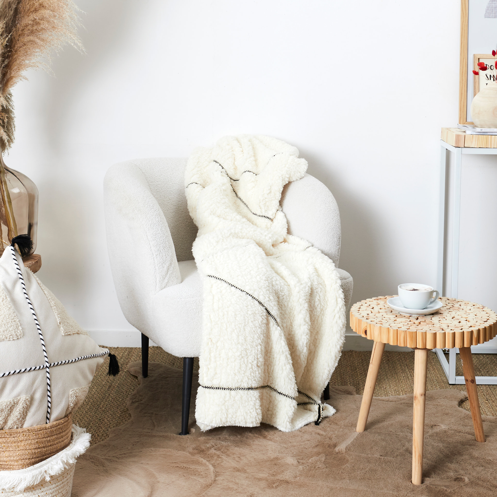 Plaid - HOME DECO FACTORY - Sherpa - Blanc - Motif Tresse - 130 x 160 cm