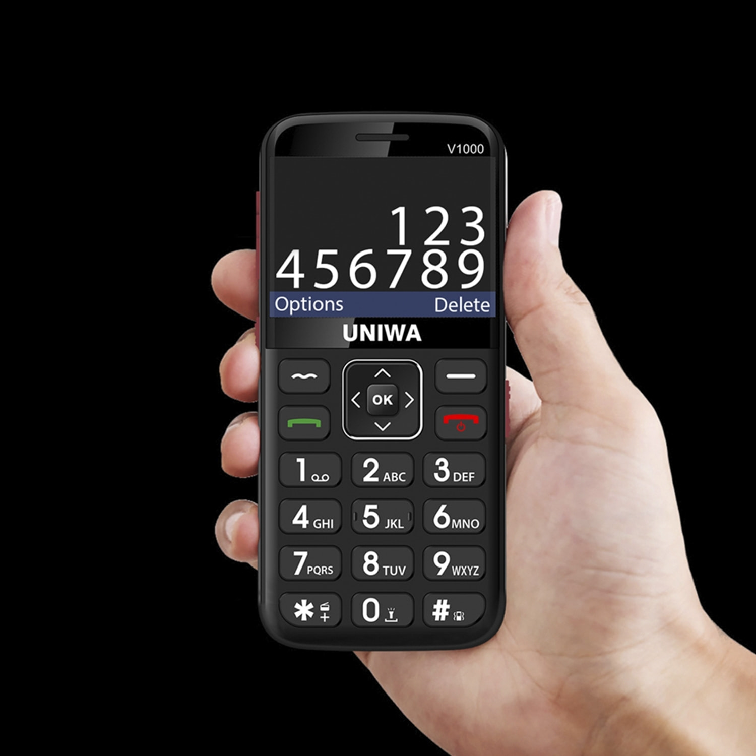 DAM  Mini telefono per anziani V1000, 4G. Schermo 2,31''. Videocamera posteriore. Tasto SOS. 5,6x1,5x12,2 centimetri. Colore nero