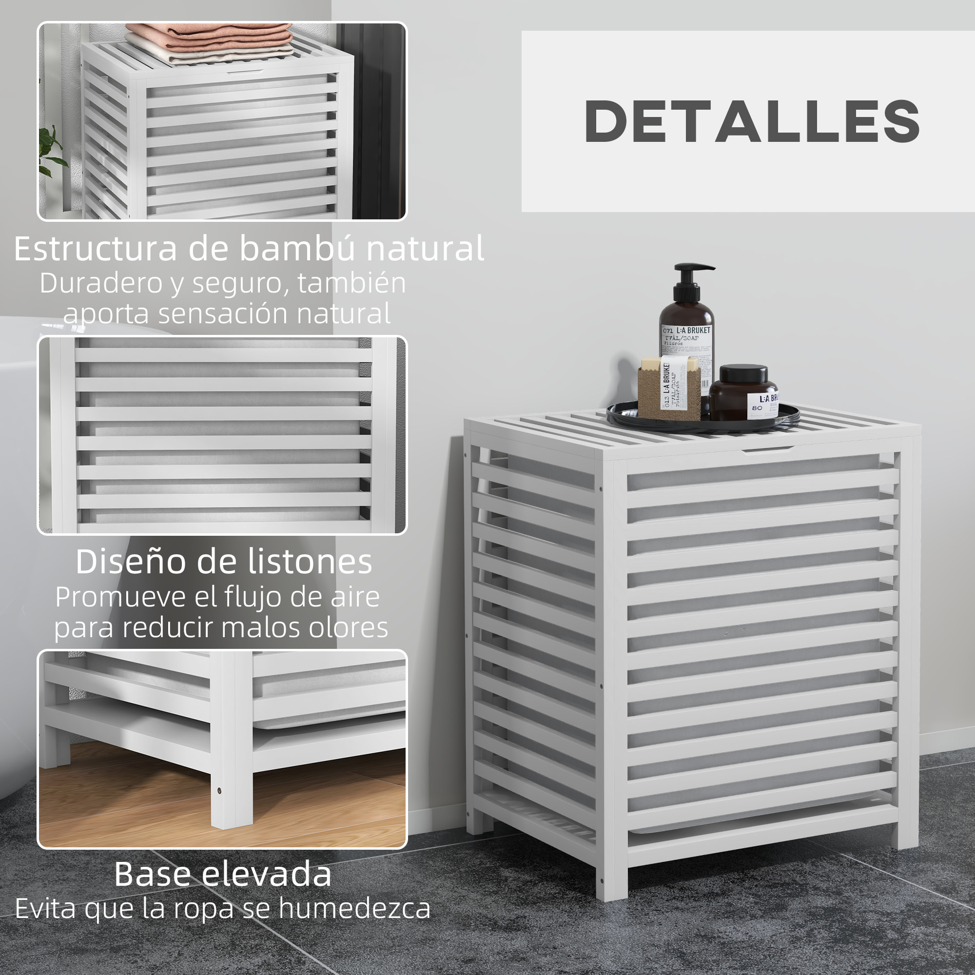 Cesto para Ropa Sucia de Bambú Capacidad de 55L Cesta para la Colada con Tapa 2 Asas y Bolsa Extraíble Forma Rectangular 50x36x60 cm Blanco
