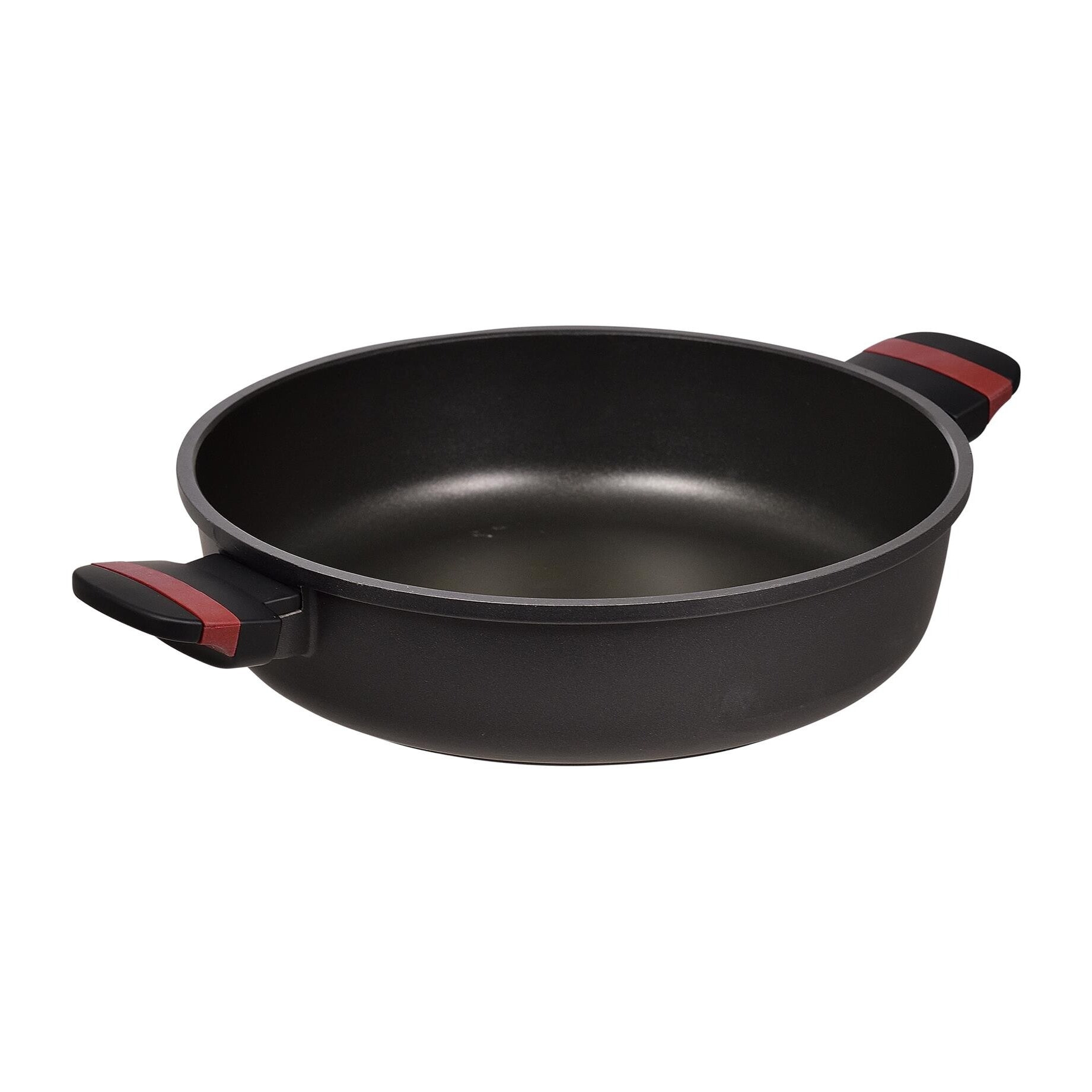 Cacerola baja en aluminio fundido de color negro, apta para inducción y antiadherente