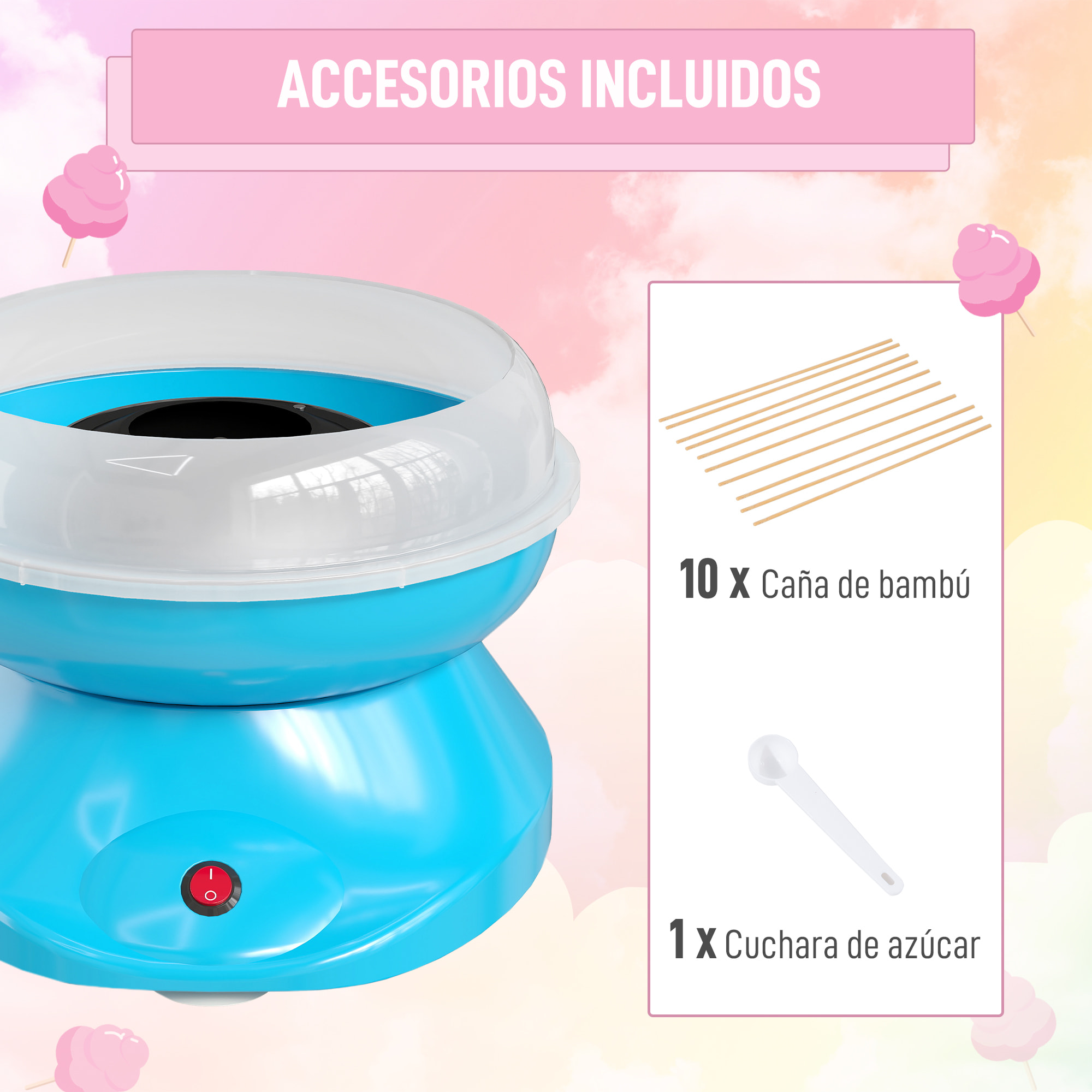 Máquina de Algodón de Azúcar, 450W-550W, Máquina para Hacer Algodón de Azúcar con 10 Palitos, para Fiestas de Cumpleaños Infantiles, en Casa, 27x26x18 cm, Azul