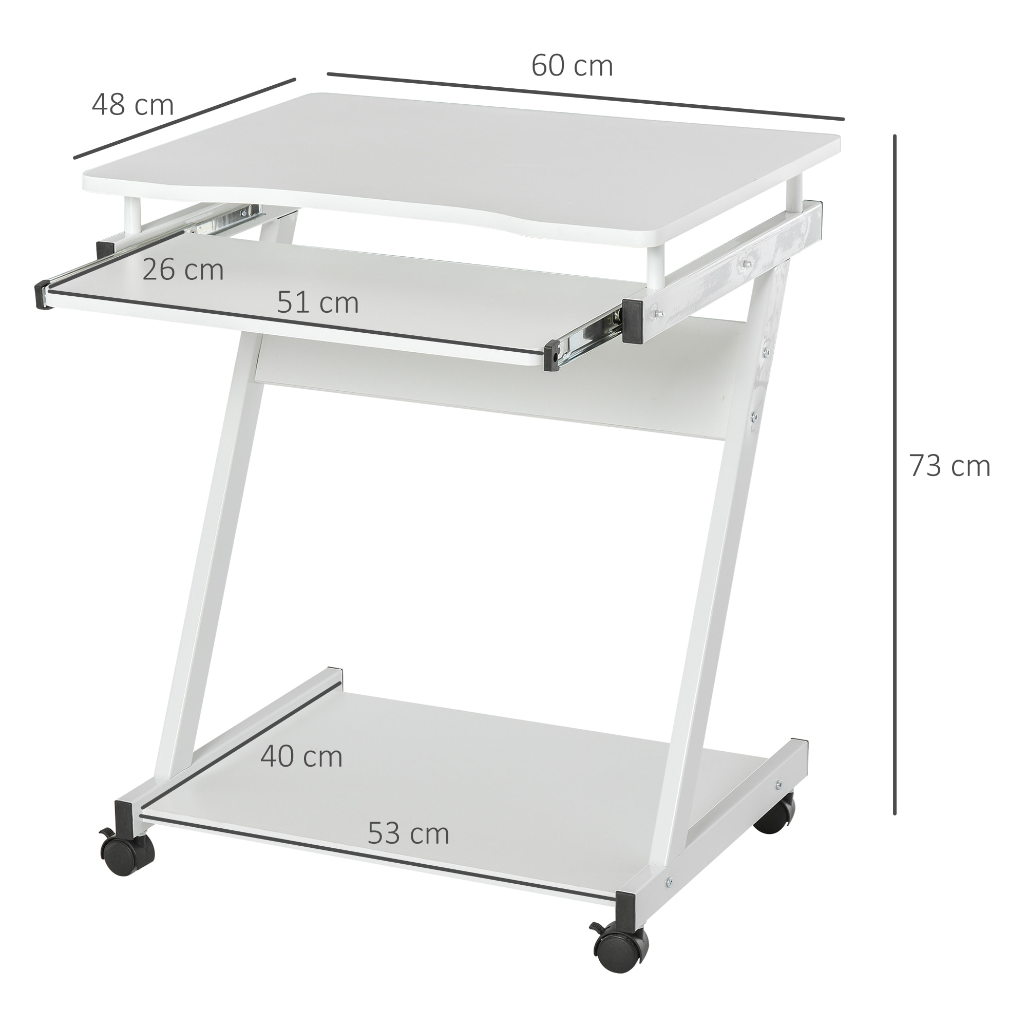 Mesa de Ordenador con Ruedas, 60x48 cm, Escritorio de Ordenador Moderno con Bandeja Deslizante para Teclado y Estante Inferior, Marco Metálico en Forma de Z, para Oficina, Estudio, Blanco