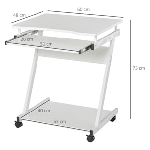 Mesa de Ordenador con Ruedas, 60x48 cm, Escritorio de Ordenador Moderno con Bandeja Deslizante para Teclado y Estante Inferior, Marco Metálico en Forma de Z, para Oficina, Estudio, Blanco
