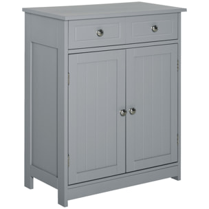 Meuble bas de salle de bain sur pied 2 portes avec étagère réglable 2 tiroirs poignées boutons métal MDF gris