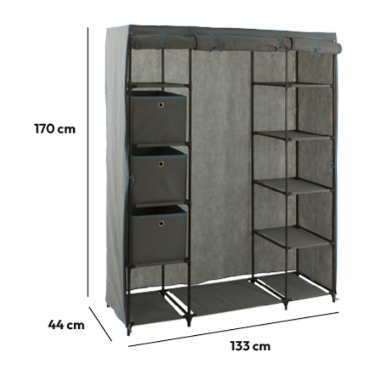 Armoire penderie 3 boîtes tissu gris anthracite