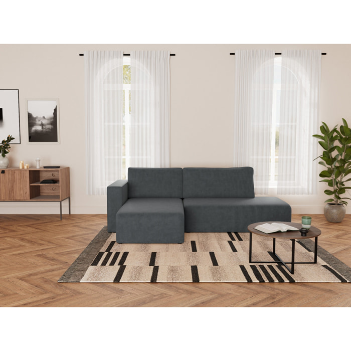 Topaze - canapé d'angle gauche 4 places convertible avec coffre sans accoudoir en velours côtelé - Gris foncé
