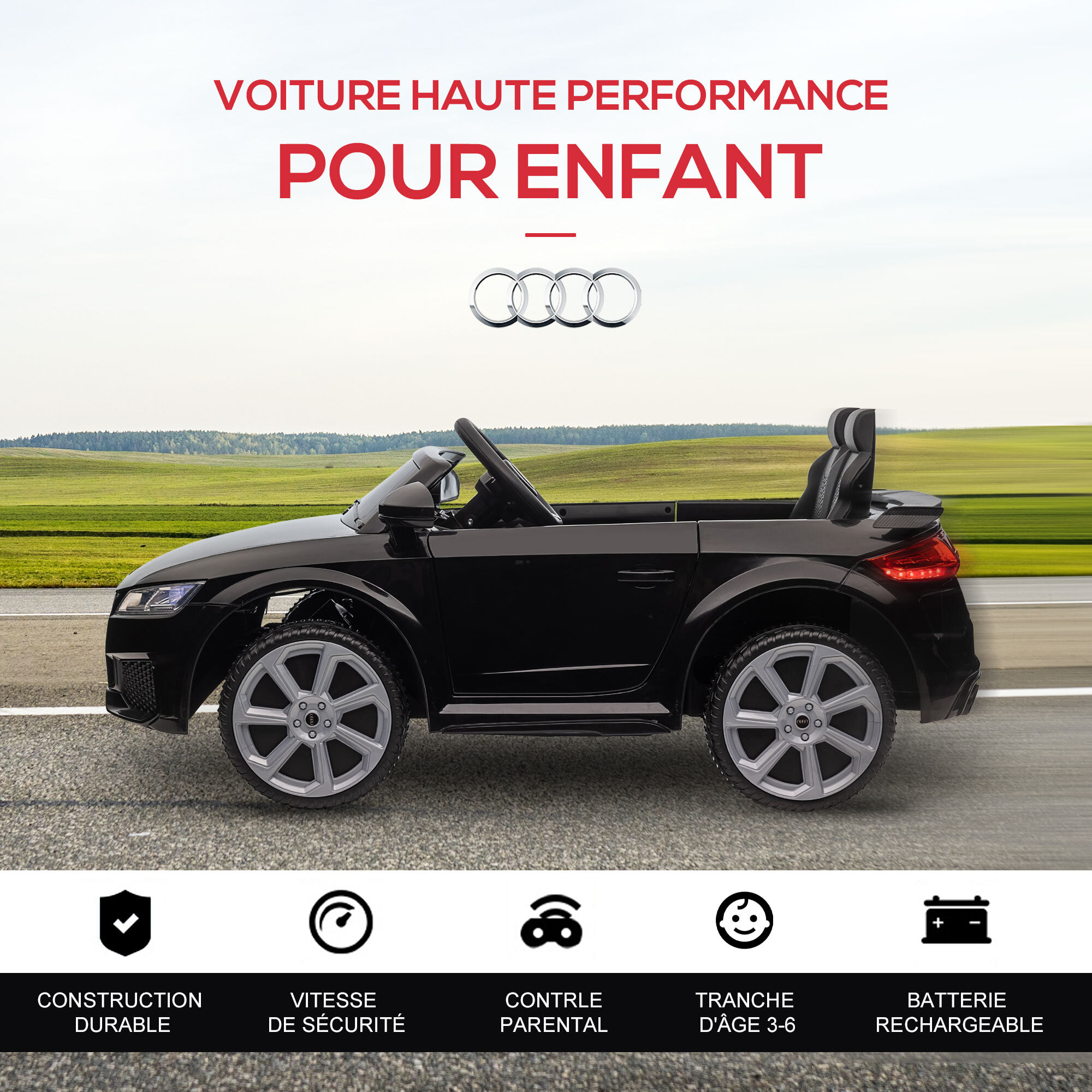 Véhicule électrique enfant TT RS 12 V 35 W V. max. 3 Km/h télécommande effets sonores + lumineux noir