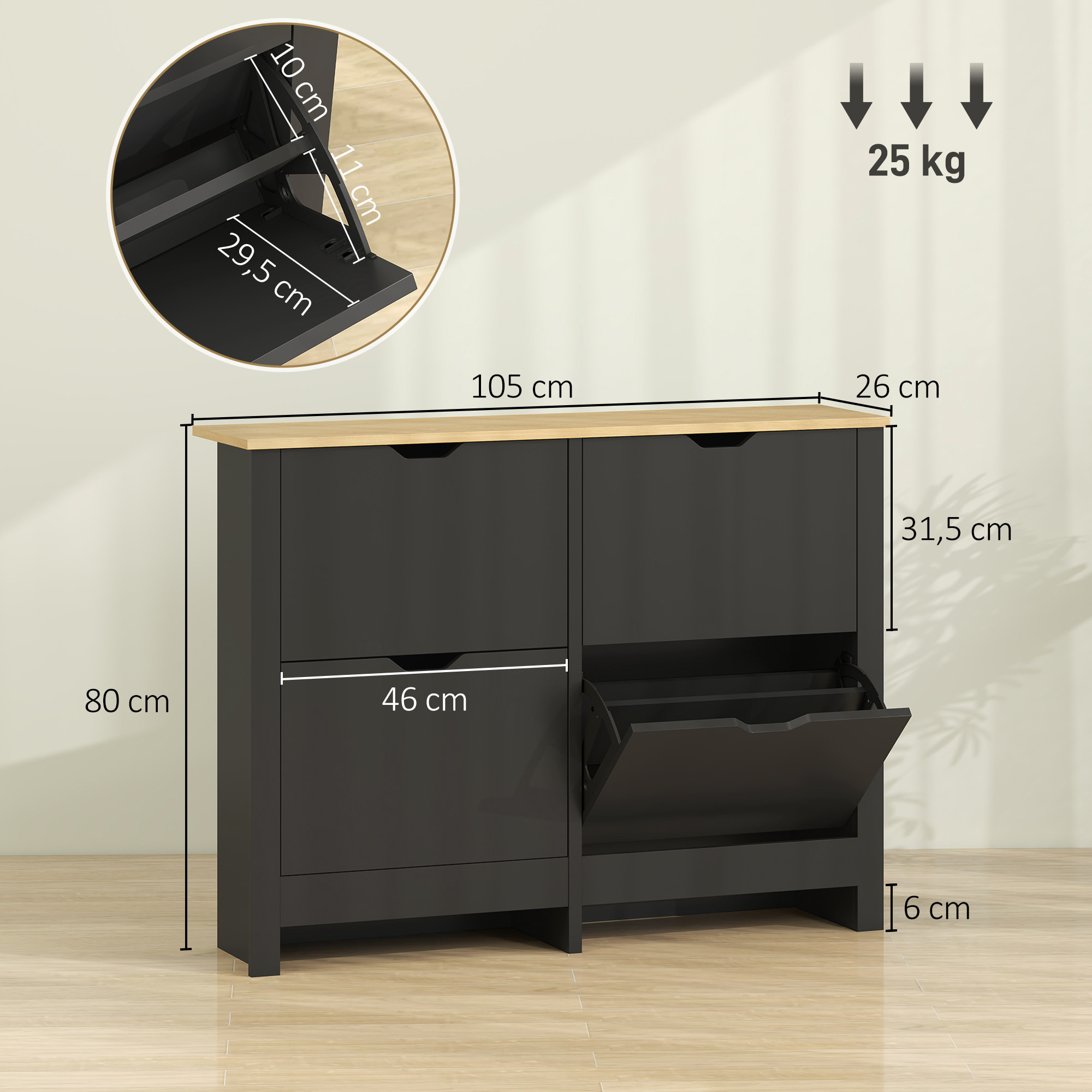 Armoire à chaussures 4 portes abattantes 2 compartiments noir chêne