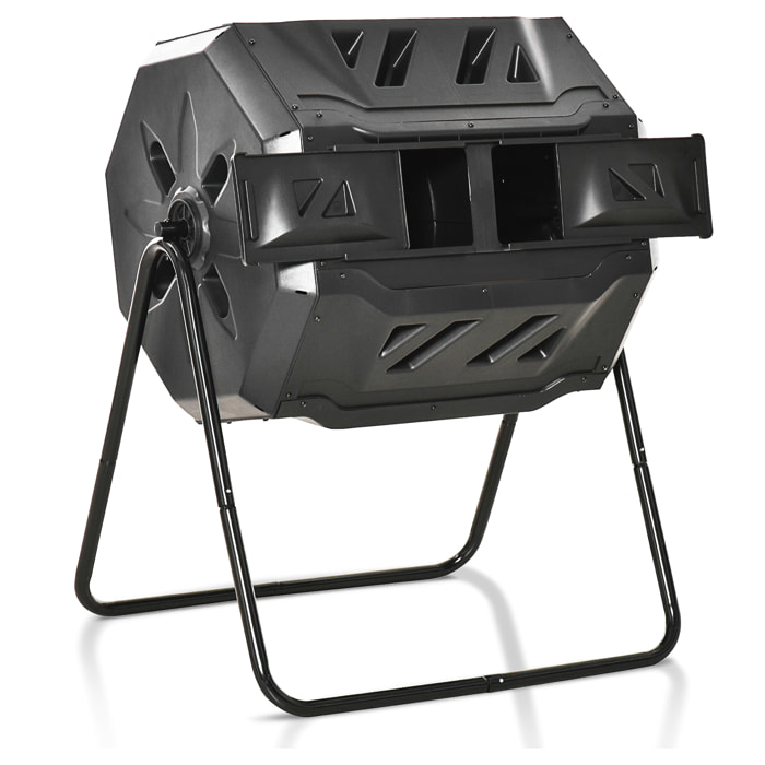 Compostador de Tambor Giratorio con Capacidad 160 litros de Doble Cámara y Ventilación Marco de Acero para Residuos Orgánicos de Jardín 71x64x96cm Negro
