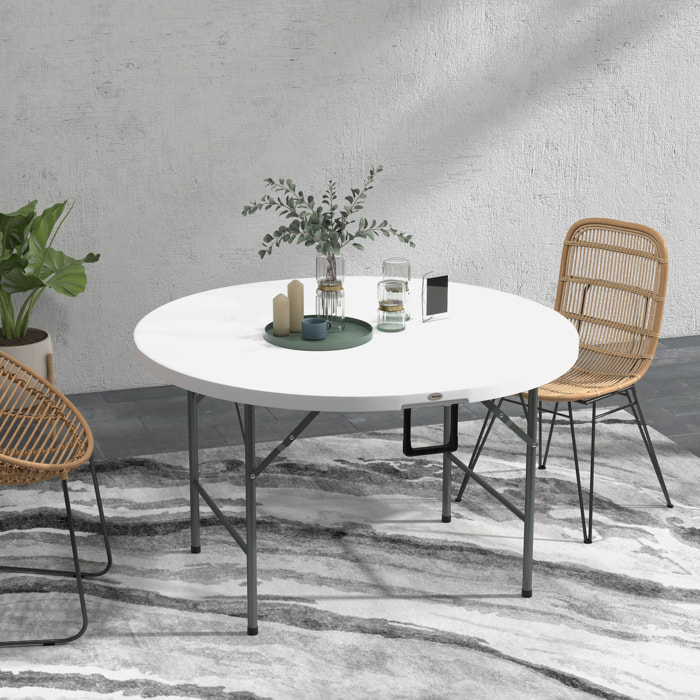 Mesa Auxiliar Redonda Mesa de Jardín Plegable con Marco de Acero y Encimera de HDPE Carga 80 kg para Interior y Exterior Ø122x73 cm Blanco