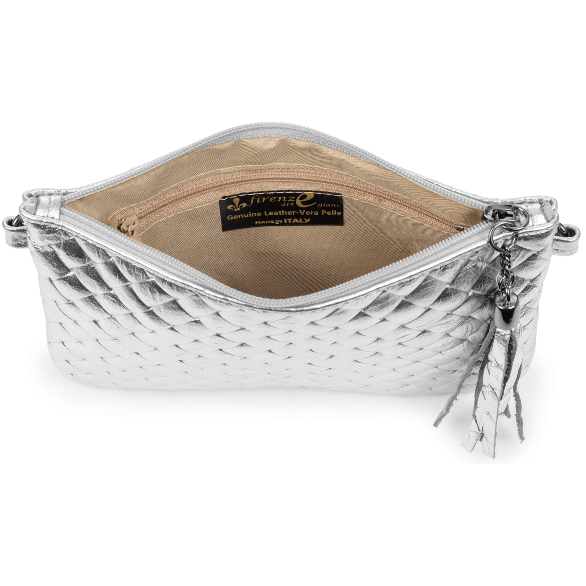 Oleggio bolso bandolera mujer. Piel auténtica Gamuza con grabado entrelazado y lacada brillante.