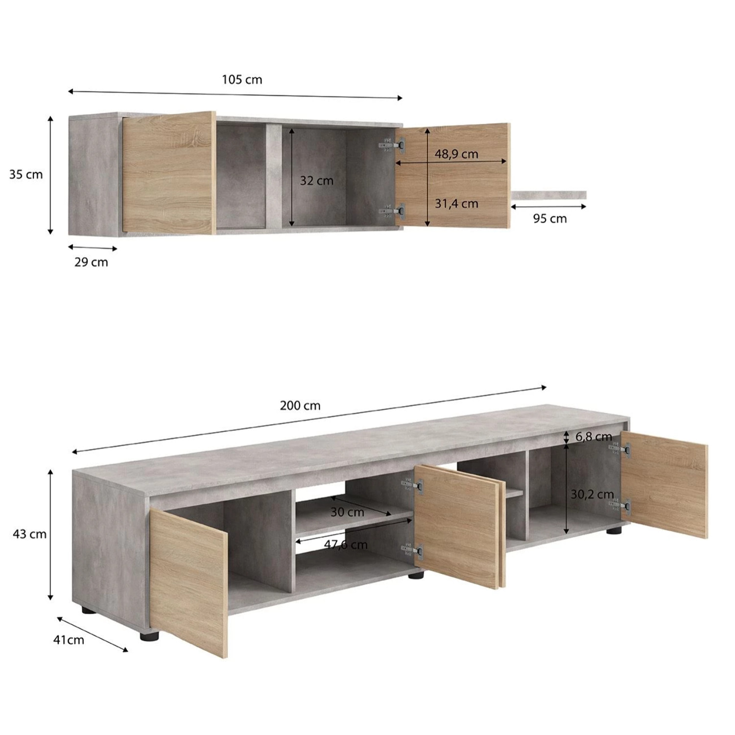 Salón con mueble de TV y estantería en gris cemento y roble canadian 200 cm Arlet Gris Cemento - Roble Canadian