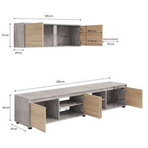 Salón con mueble de TV y estantería en gris cemento y roble canadian 200 cm Arlet Gris Cemento - Roble Canadian