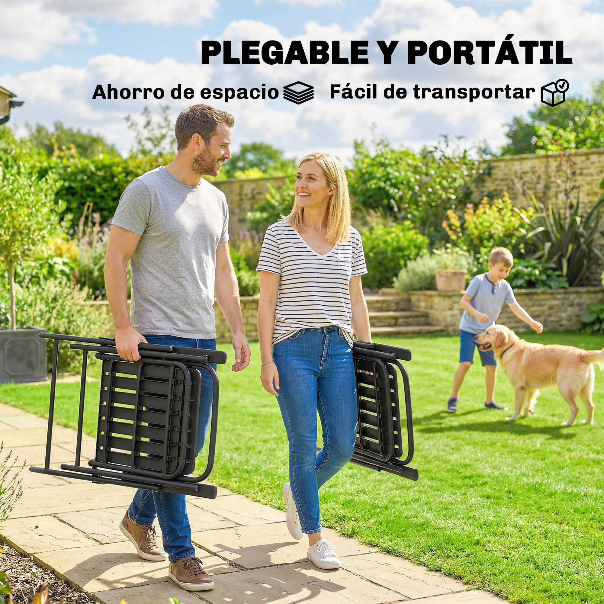 Juego de 4 Sillas de Jardín Exterior Plegables, Sillas Terraza Exterior con Reposabrazos, Respaldo y Asiento de PP, Marco Metálico, 55x63x93 cm, Negro