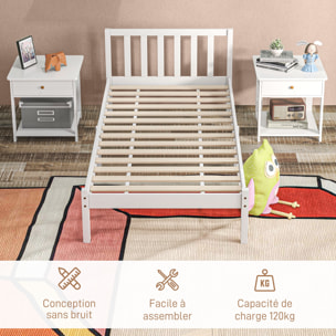 Lit simple design - tête de lit, sommier inclus - dim. 198L x 96l x 70H cm - compatible matelas 190L x 90l cm - bois blanc