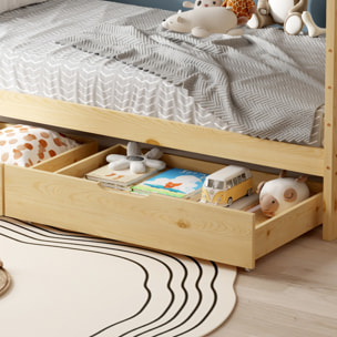 Lit Cabane Bambino, couchage 90x190 cm, Bois de Pin Naturel, Sommier inclus, Avec 2 Tiroirs de rangement