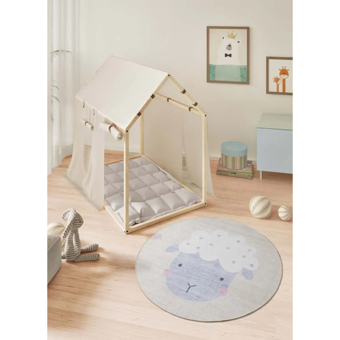 CANDY Alfombra redonda infantil lavable con oveja crema, 120Ø cm