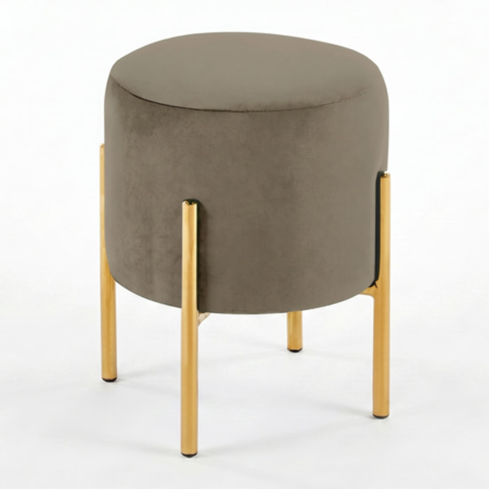 Pouf Tondo in Velluto con Gambe in Acciaio Dorate, Seduta Imbottita Elegante dallo Stile Contemporaneo per Soggiorno, Camera da Letto e Ingresso