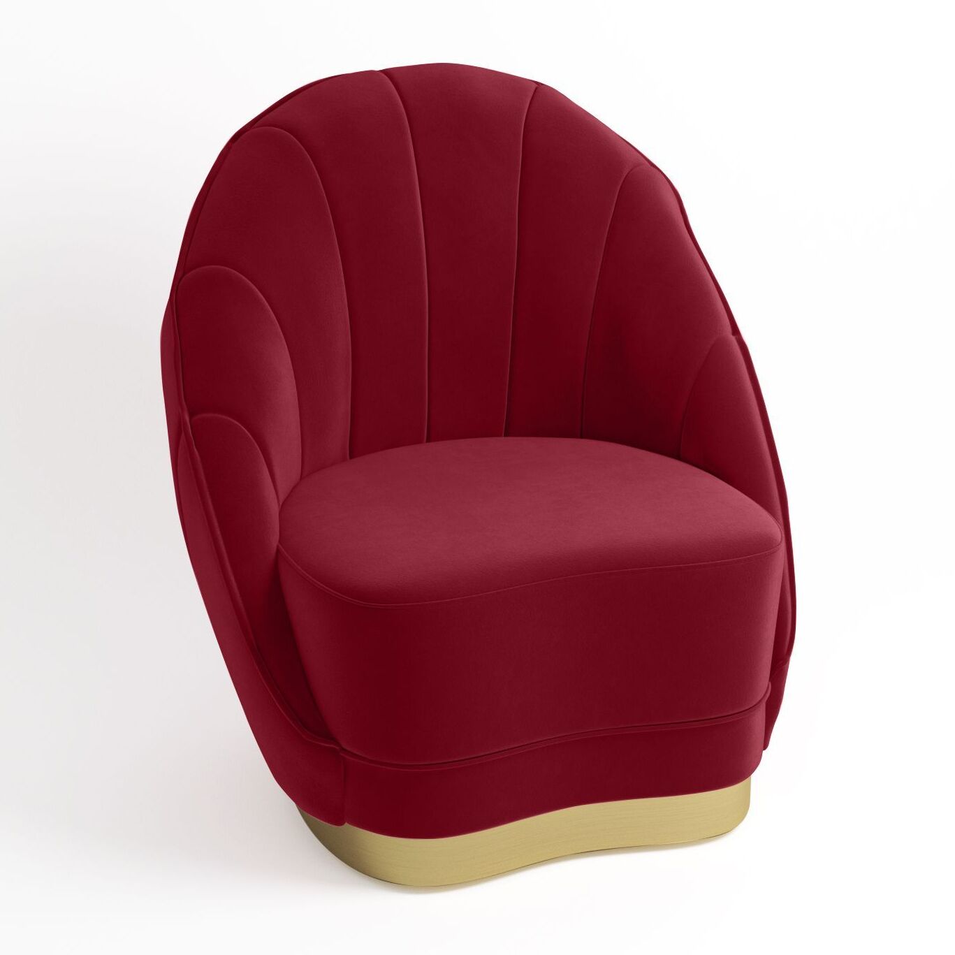 Fauteuil en velours bordeaux, base cerclage doré effet laiton