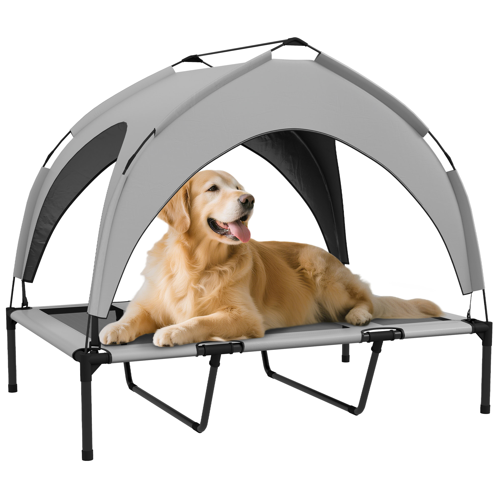 Cama para Perros Elevada con Toldo, Cama para Perros Grandes, Refrescante y Transpirable, 106x76x94 cm, con Marco de Acero y Bolsa de Transporte, para Interior y Exterior, Gris Claro