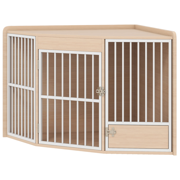 Cage d'angle pour chien en bois clair dim. 113 x 80 x 64 cm porte entrée + porte rotative alimentation