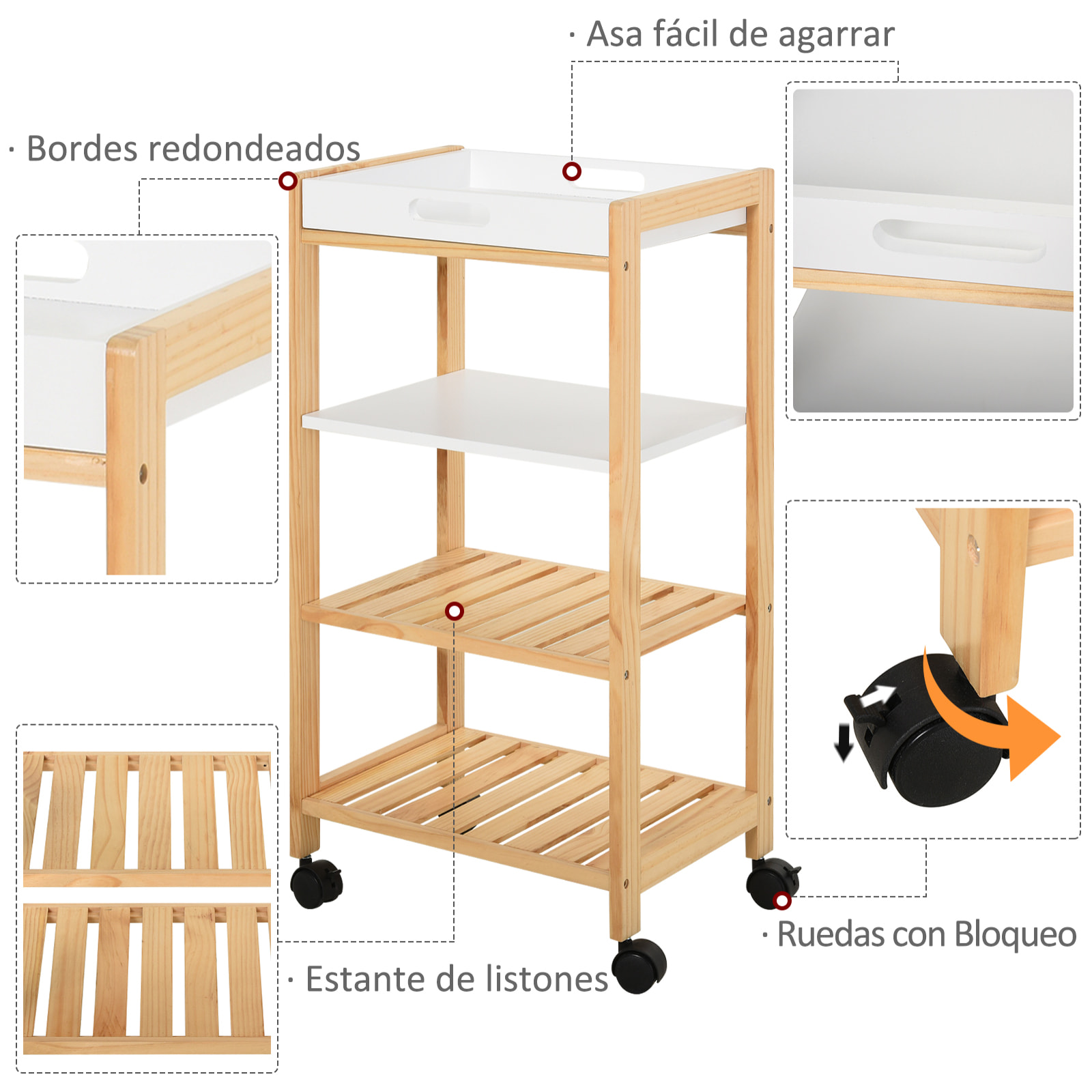 Carrito de Cocina 4 Niveles con Bandeja 40x30x76cm Blanco