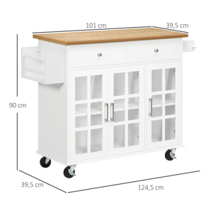 Carro de Cocina Isla de Cocina con Ruedas Multifuncional con 2 Cajones 3 Puertas de Vidrio Templado Toallero y Especiero 124,5x39,5x90 cm Blanco