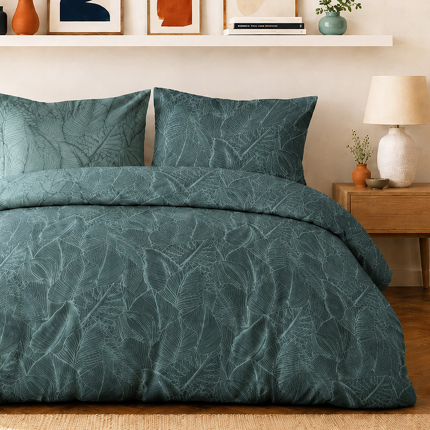 Parure housse de couette 100% percale de coton motif feuilles tropicales - SYLVAE