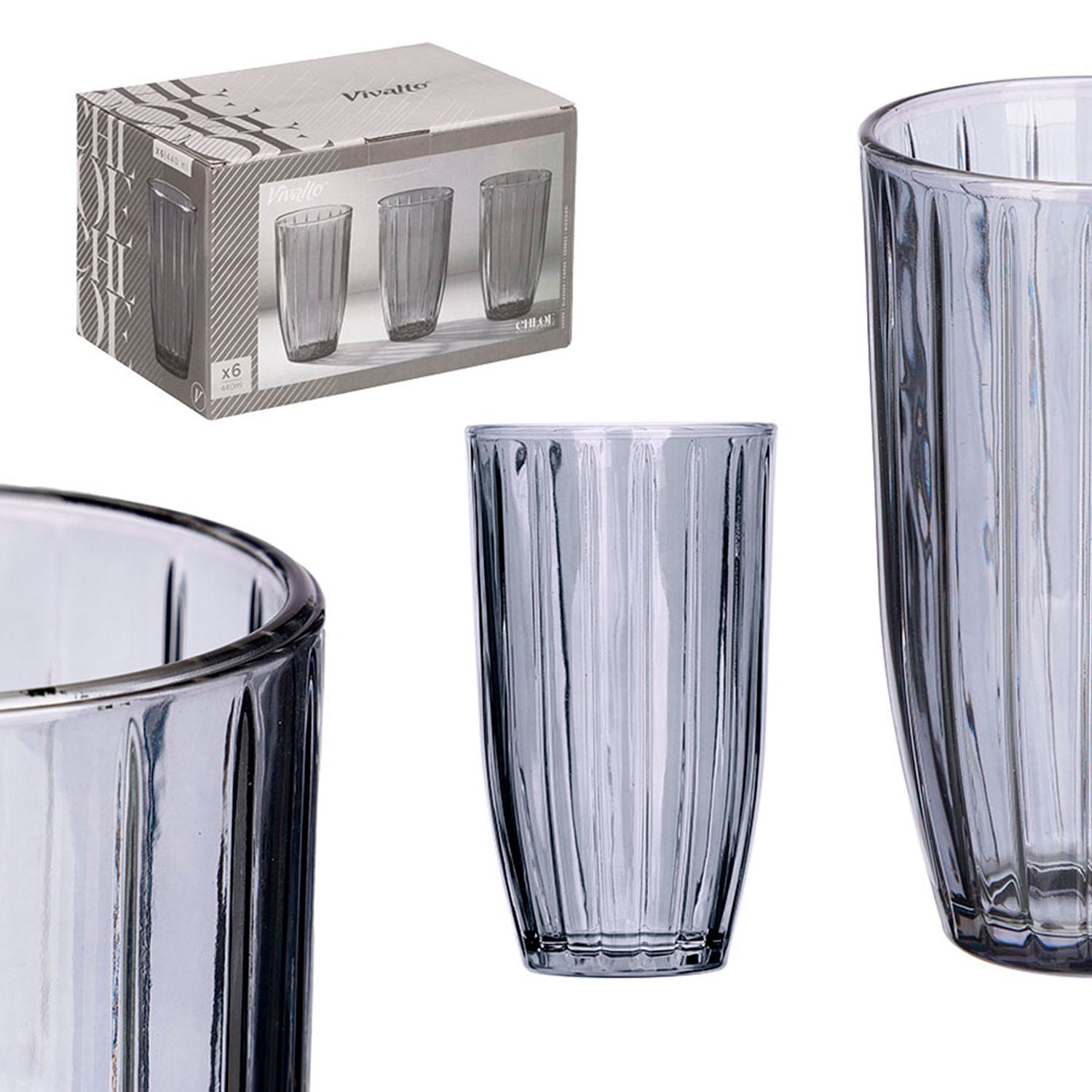 Pack 6 vasos alto rayas 440ml humo