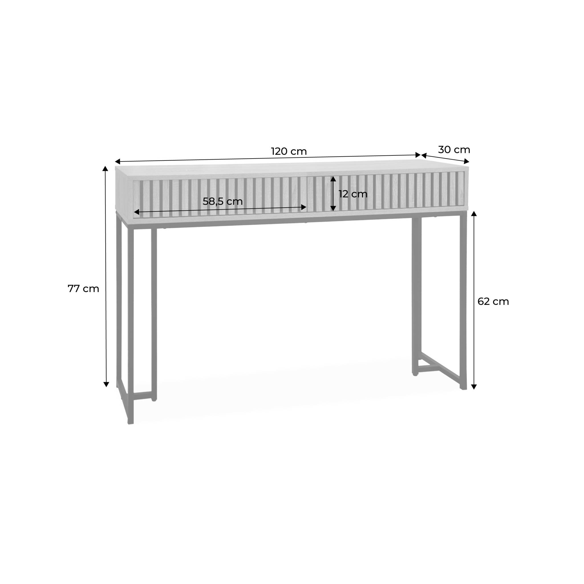 Console contemporaine avec 2 tiroirs en décor bois rainuré. structure et piètement en métal noir