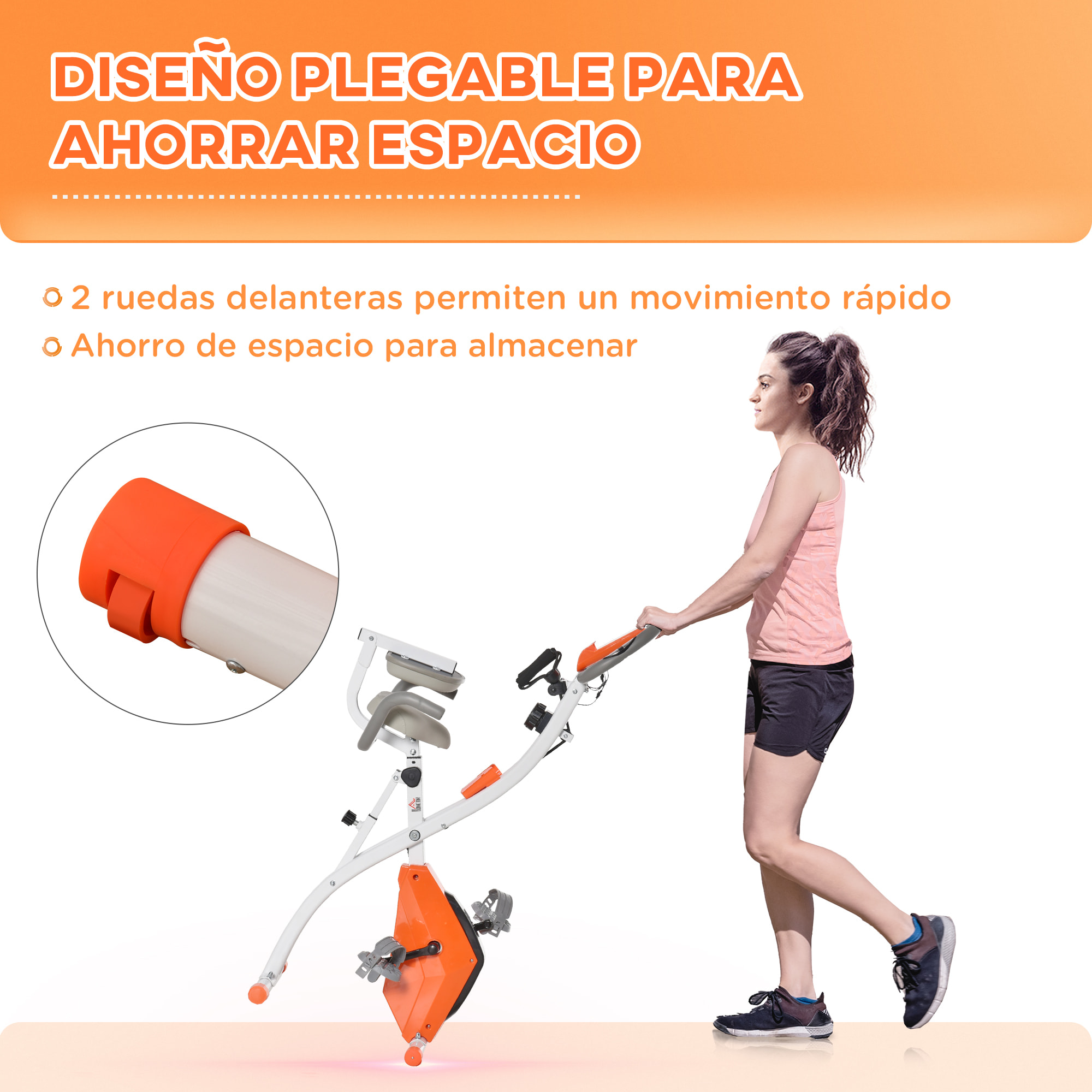 Bicicleta Estatica Plegable 3 en 1 con Respaldo y 8 Niveles Resistencia Magnética Bicicleta Estatica en Casa Ajustable con Monitor LCD Volante Banda Sensor de Pulso Soporte de Teléfono Naranja