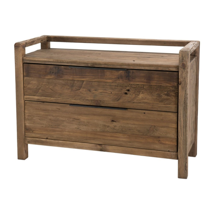 SANDY - Commode marron 2 tiroirs bois Pin recyclé poignées métal noir